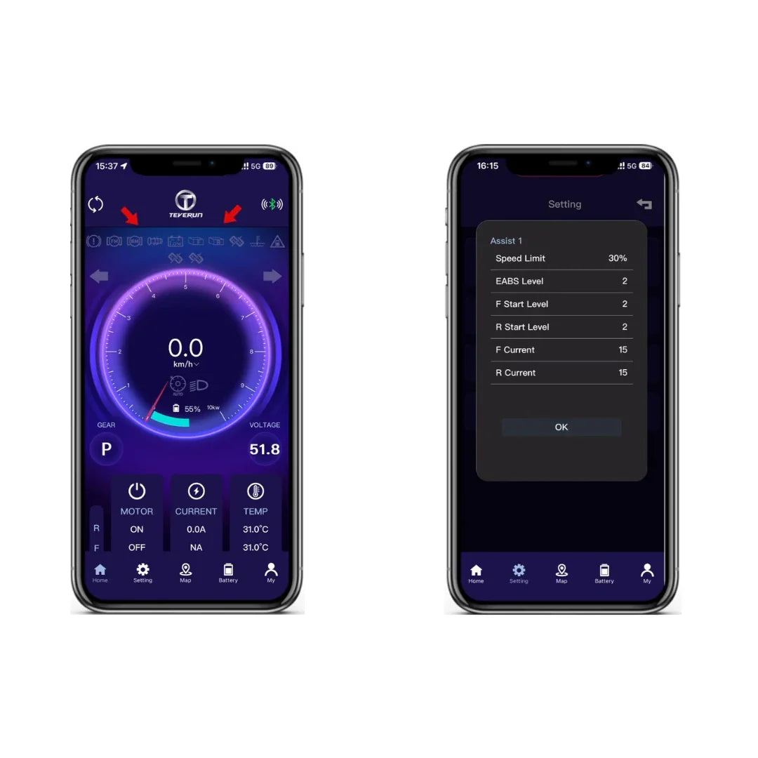 Electric scooter Teverun Fighter 11+ 2026 – app interface showing speed and settings