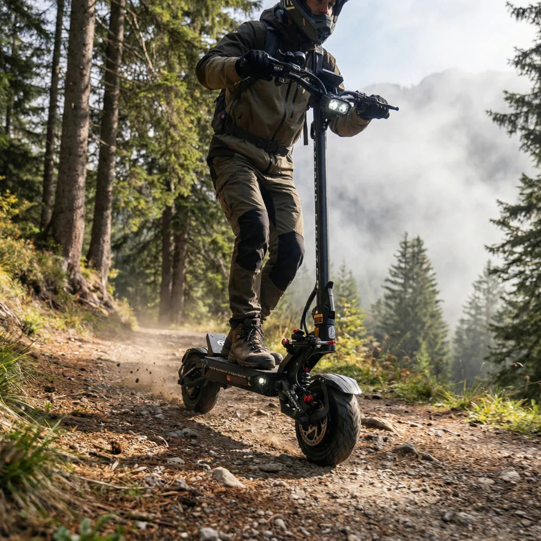Electric scooter Teverun Fighter 11+ 2026 – rider on forest dirt path