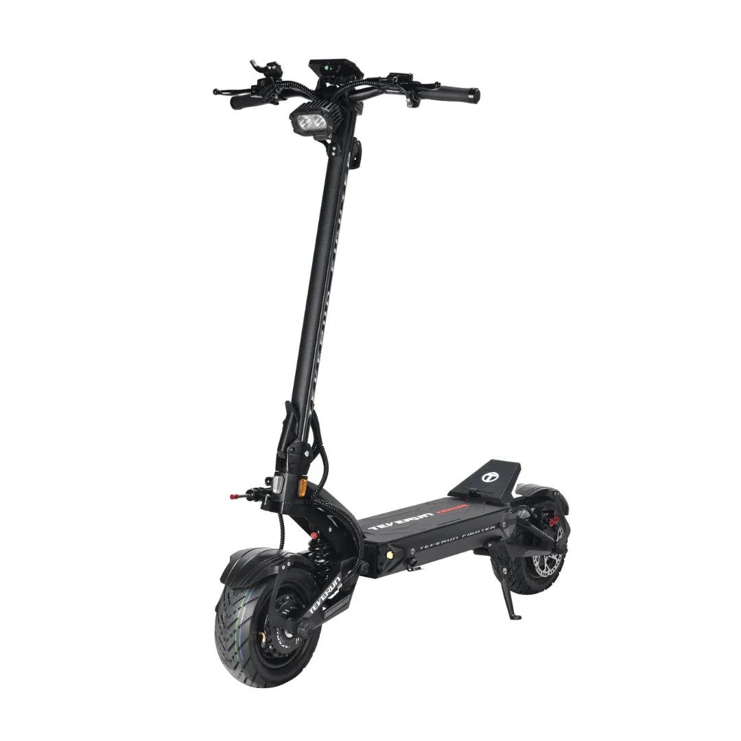 Electric scooter Teverun Fighter 11+ 2026 – front three-quarter view, kickstand down