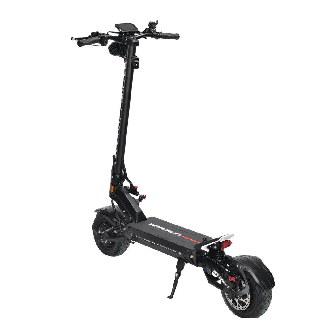 Electric scooter Teverun Fighter 11+ 2026 – rear three-quarter view, kickstand down