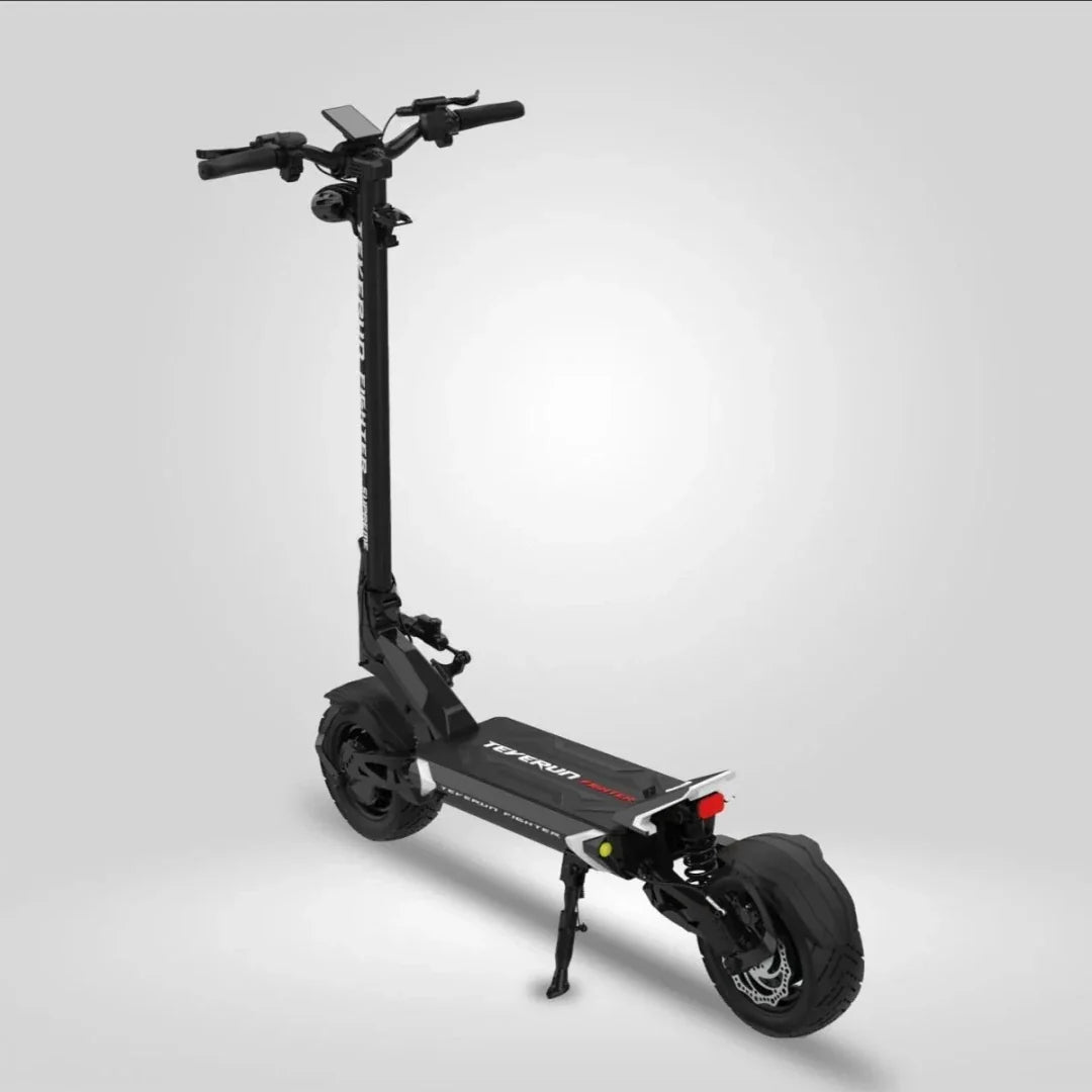 Electric scooter Teverun Fighter 11+ 2026 – rear three-quarter view, grey background