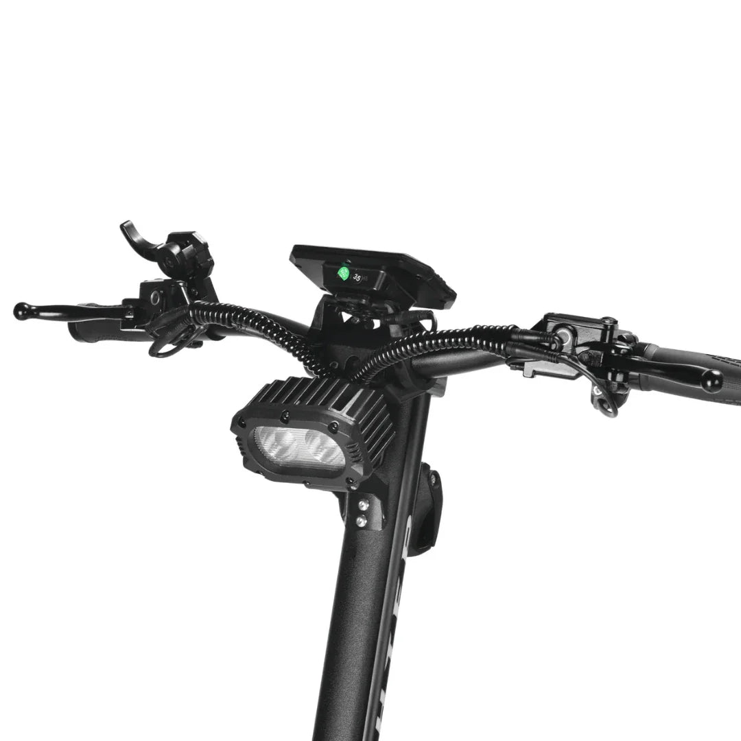 Electric scooter Teverun Fighter 11+ 2026 – handlebar and headlight close-up