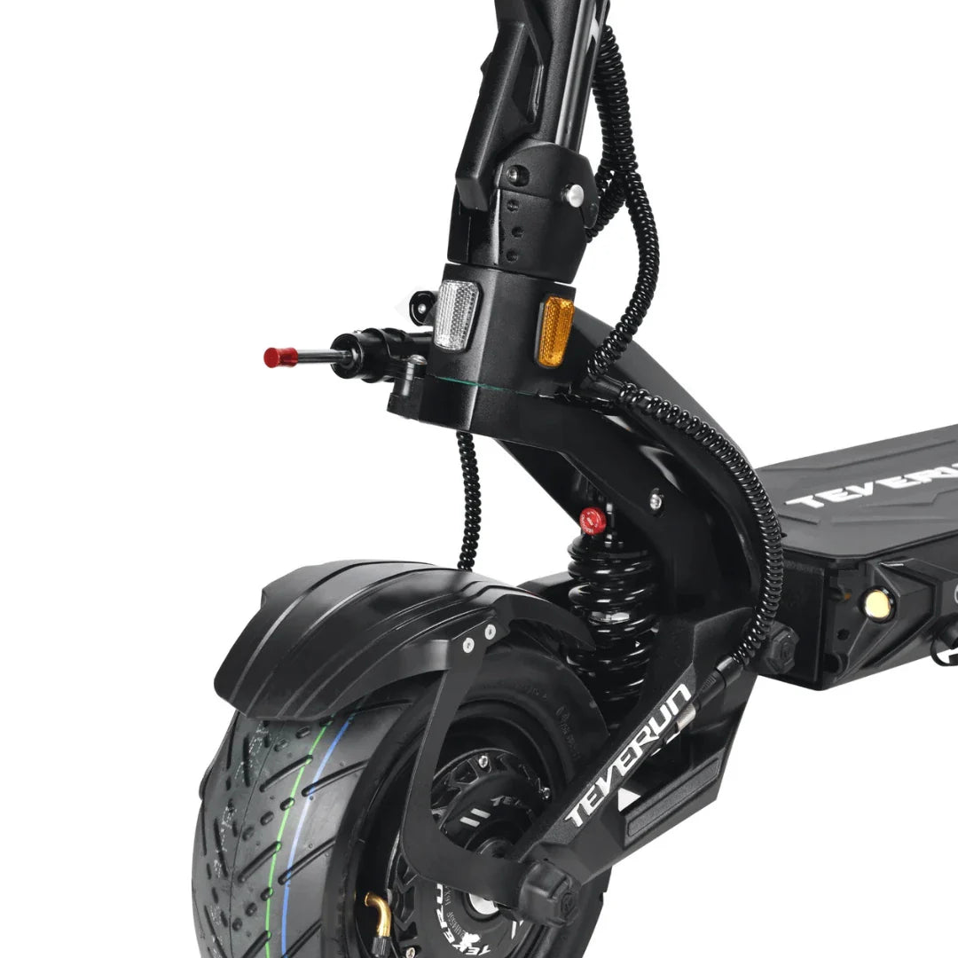 Electric scooter Teverun Fighter 11+ 2026 – front wheel, suspension, and fender close-up