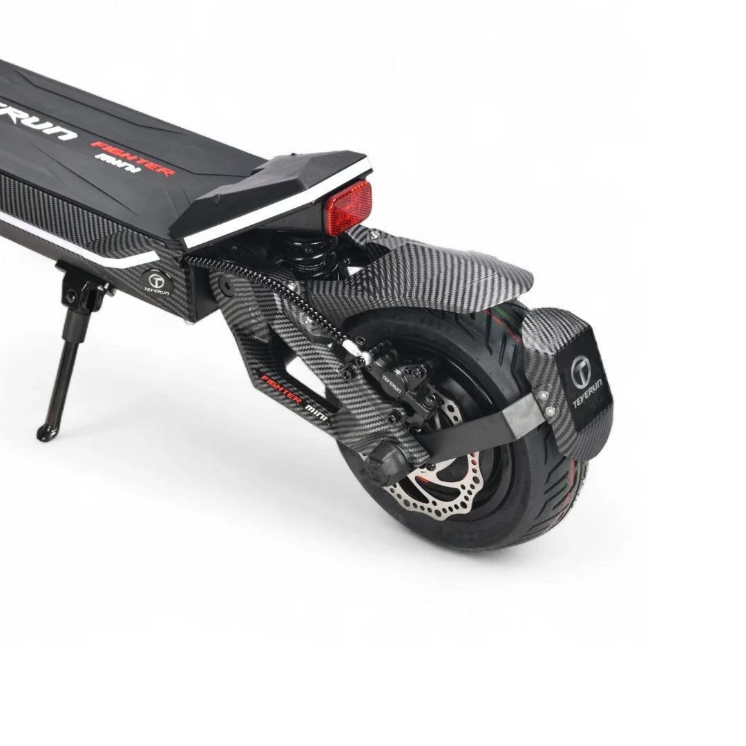 Electric scooter Teverun Fighter Mini PRO 2026 – rear wheel, brake, and fender close-up