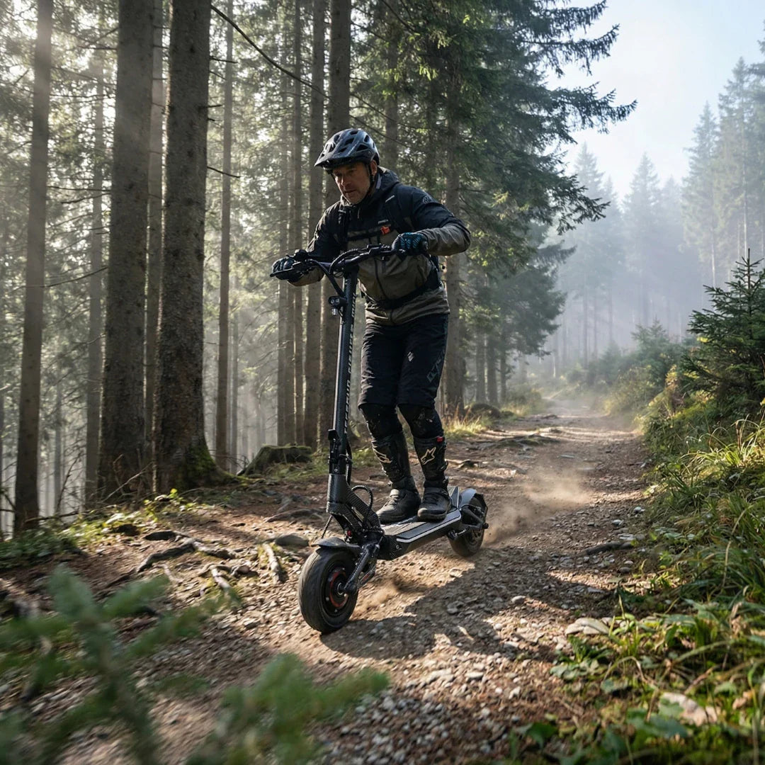 Electric scooter Teverun Fighter Mini PRO 2026 – rider on forest trail