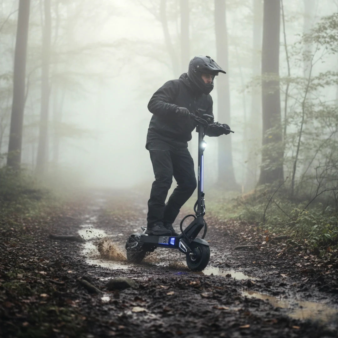 Electric scooter VSETT 10 APEX – rider on muddy forest path