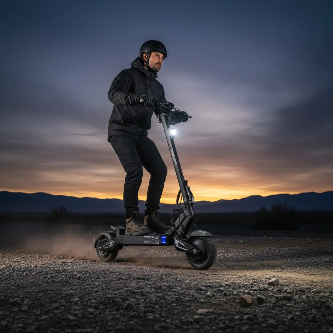 Electric scooter VSETT 10 APEX – rider on dirt road at dusk