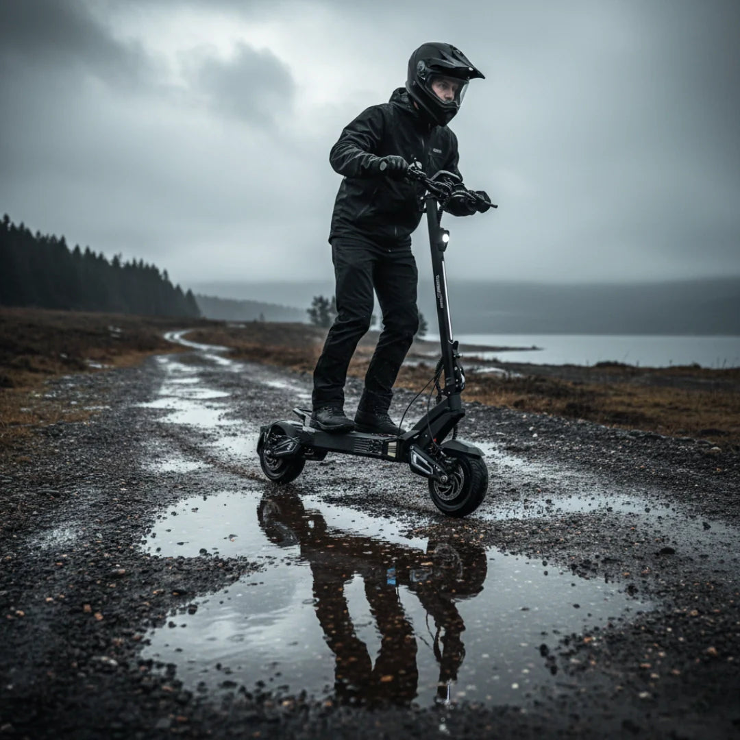 Electric scooter VSETT 10 APEX – rider on wet dirt road