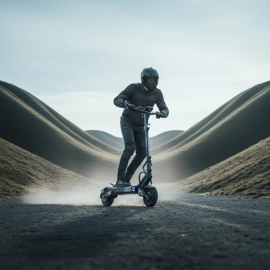 Electric scooter VSETT 10 APEX – rider on dirt road, hilly background