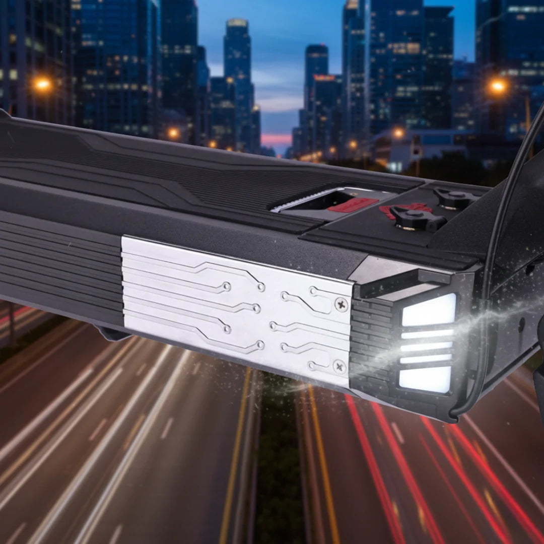 Electric scooter VSETT 10 APEX – deck lights and city background