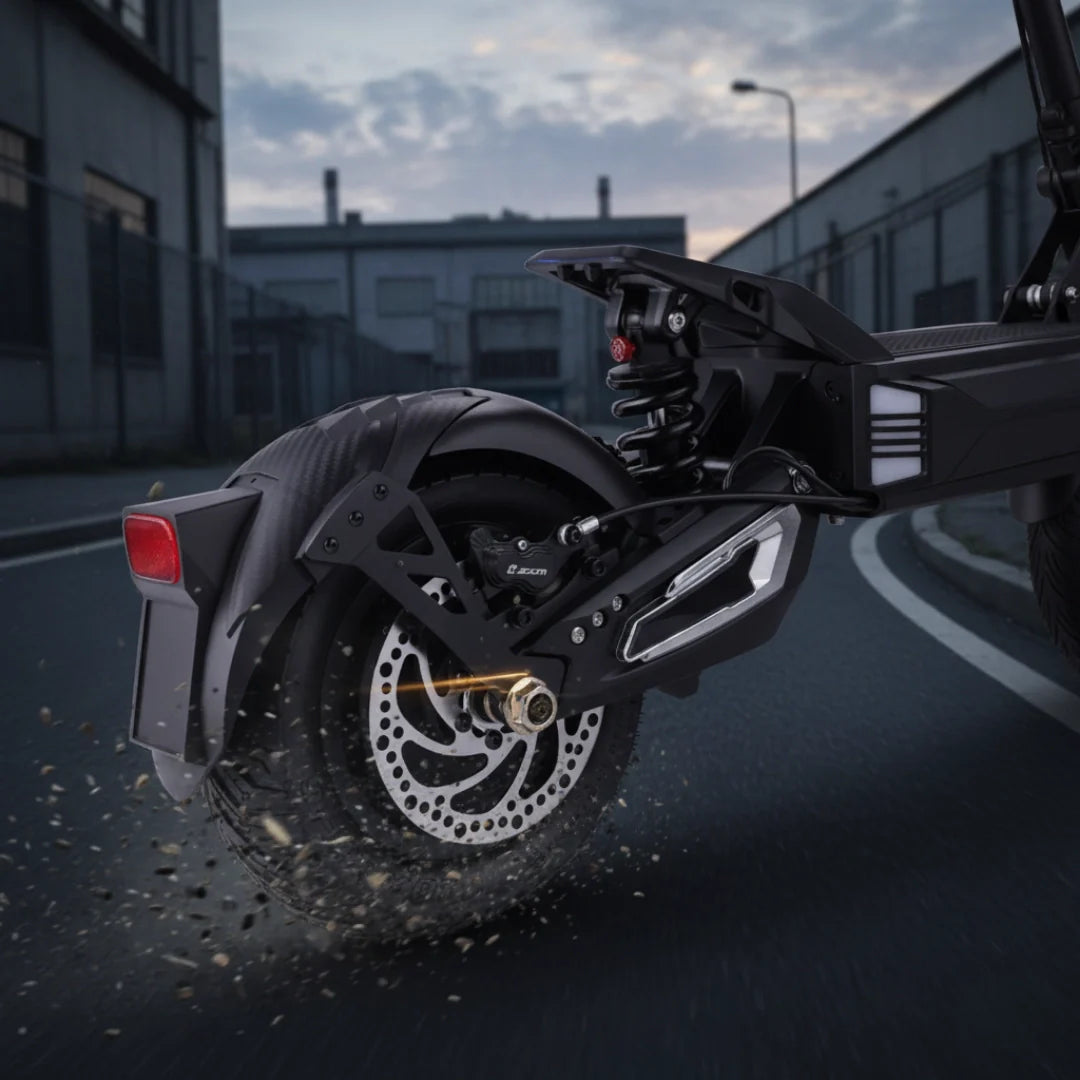 Electric scooter VSETT 10 APEX – rear wheel and suspension, urban setting