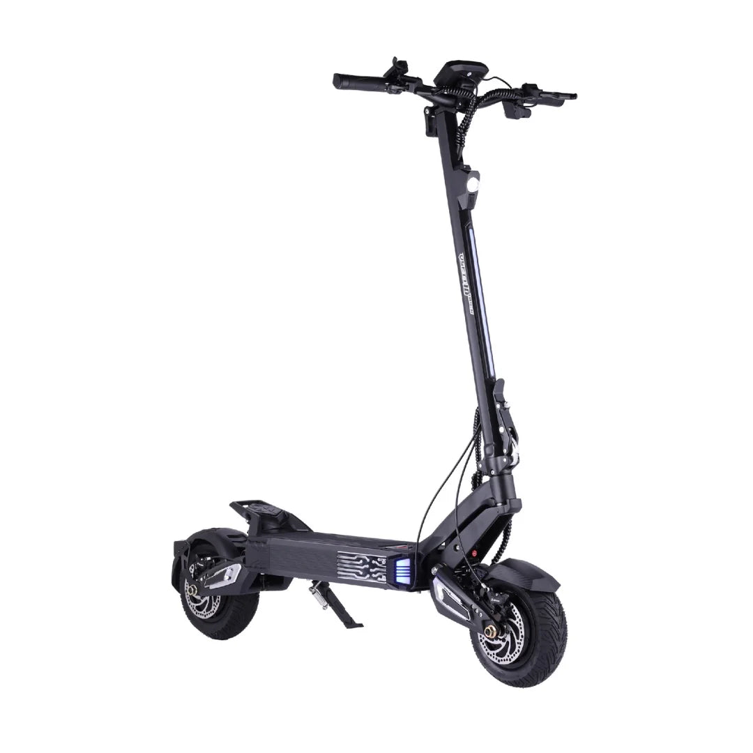 Electric scooter VSETT 10 APEX – front three-quarter view with headlight on