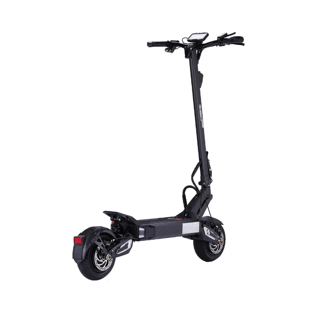 Electric scooter VSETT 10 APEX – rear three-quarter view with tail light on