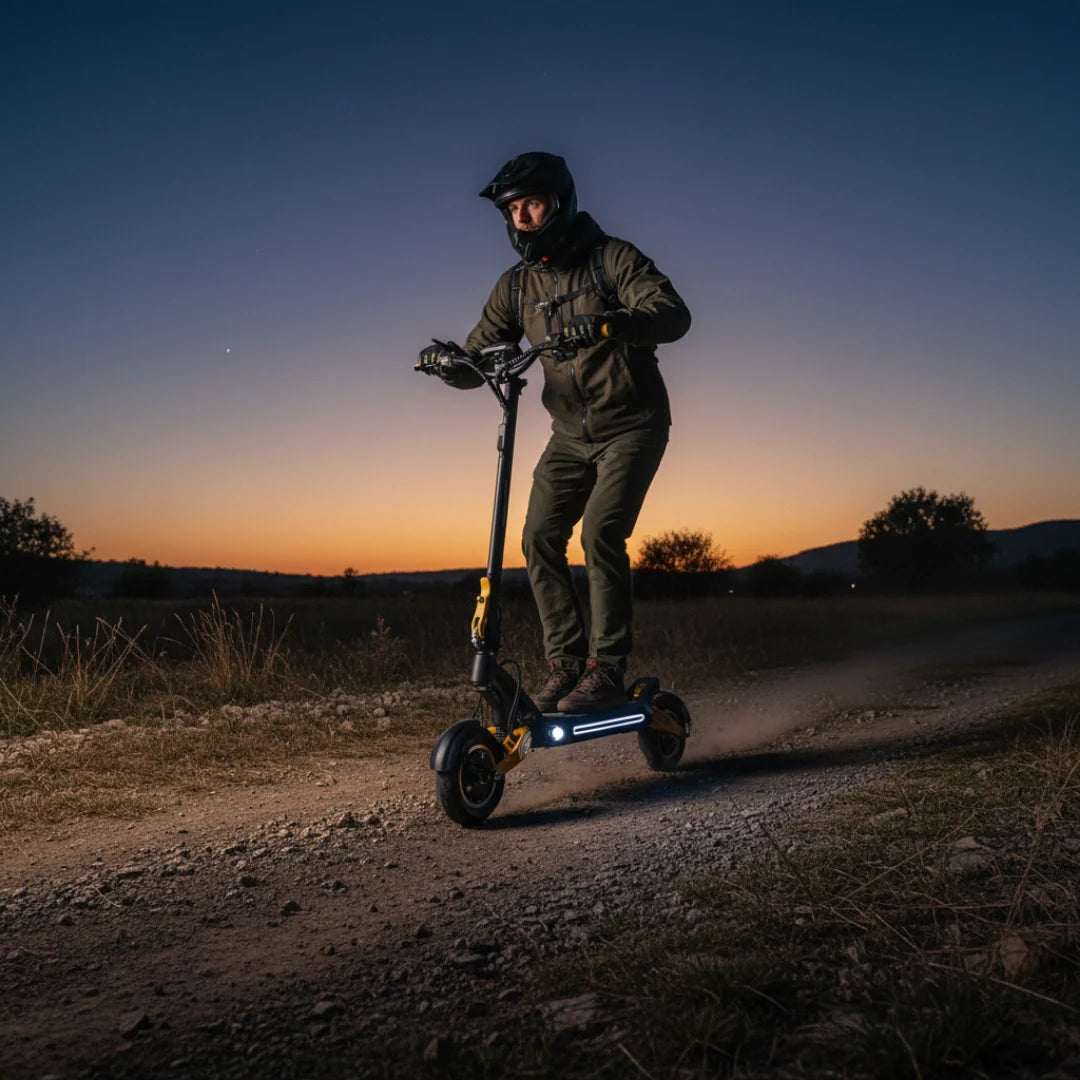 Elektroroller VSETT 10 LIGHT – Fahrer auf einem Feldweg in der Abenddämmerung