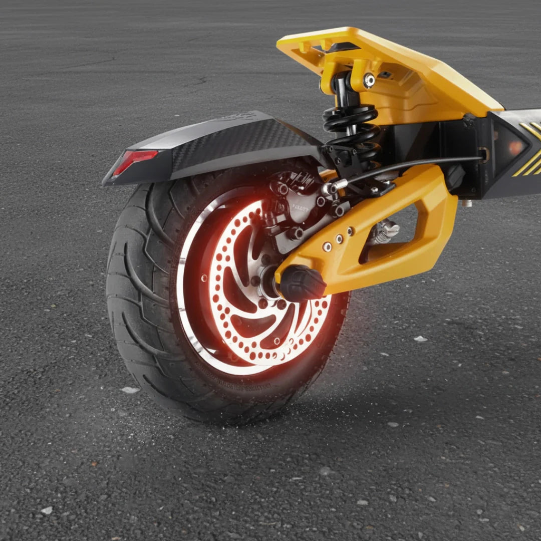 Electric scooter VSETT 10+ Super – rear wheel with red illuminated brake disc