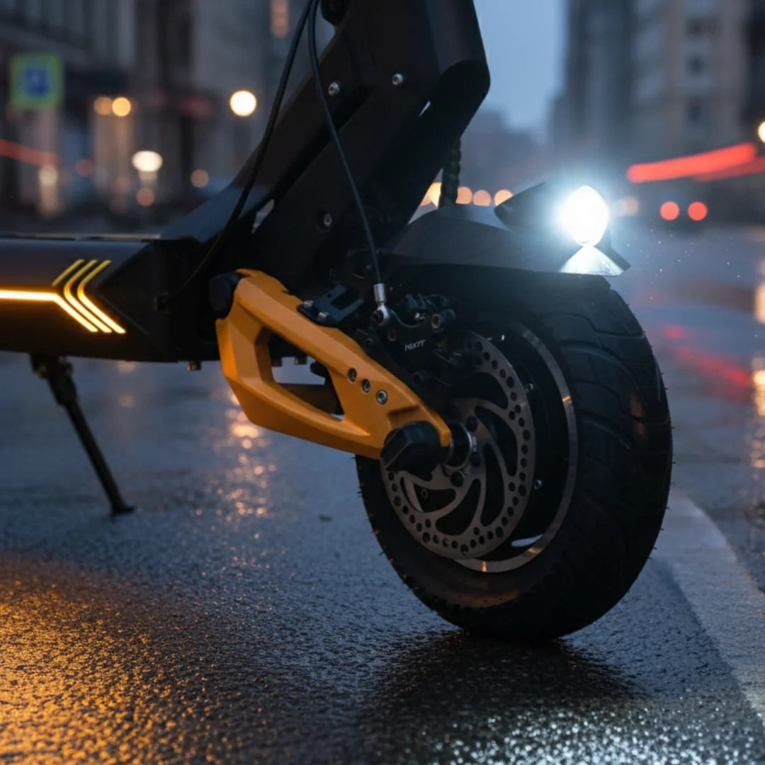 Electric scooter VSETT 10+ Super – rear wheel and brake at night