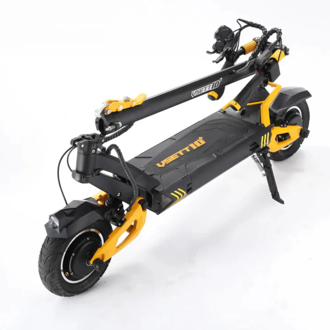 Electric scooter VSETT 10+ Super – folded side view, black and yellow