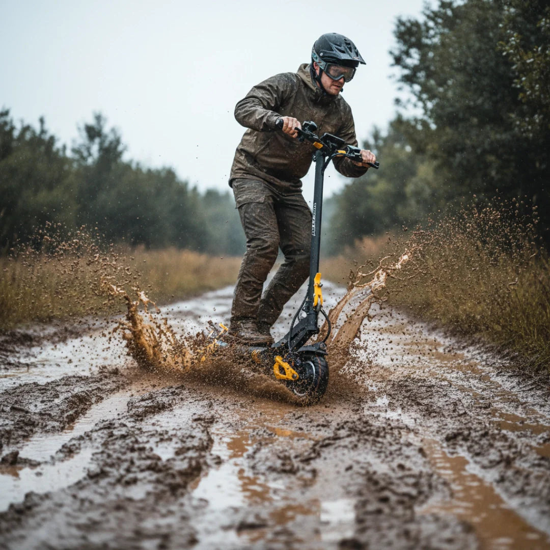 Electric scooter VSETT 10+ Super – rider on muddy track, splashing through puddles