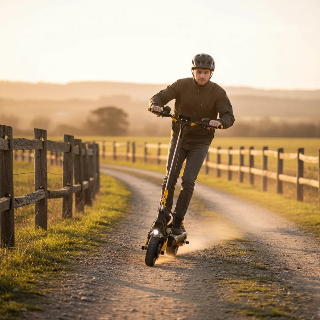 Electric scooter VSETT 10+ Super – person riding on dirt path