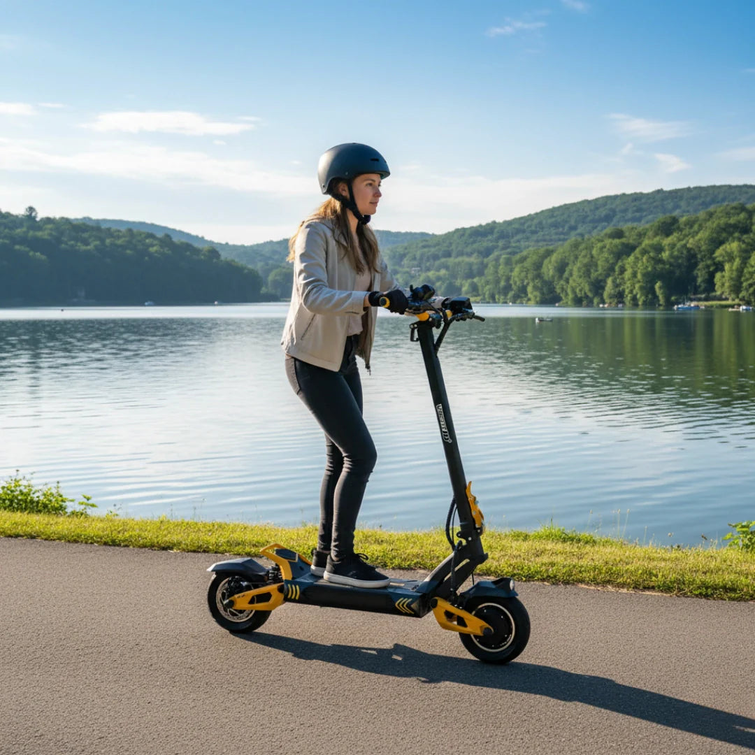 Electric scooter VSETT 10+ Super – person riding by a lake