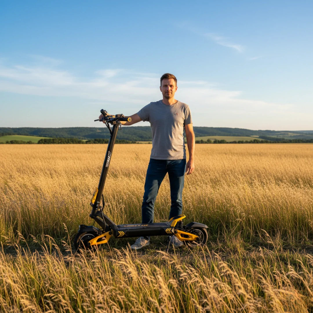 Electric scooter VSETT 10+ Super – person standing with scooter in field