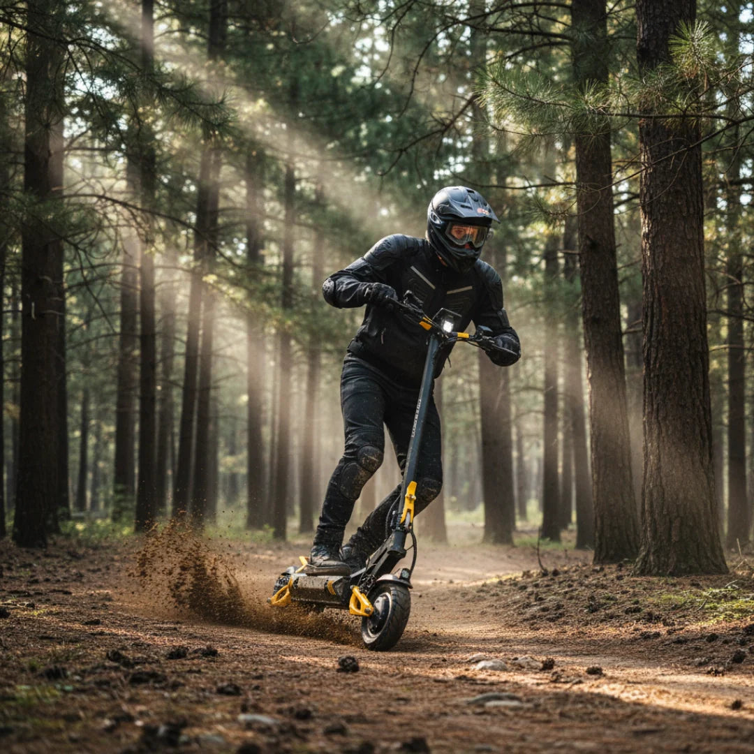 Electric scooter VSETT 10+ Super – rider on forest trail, kicking up dirt