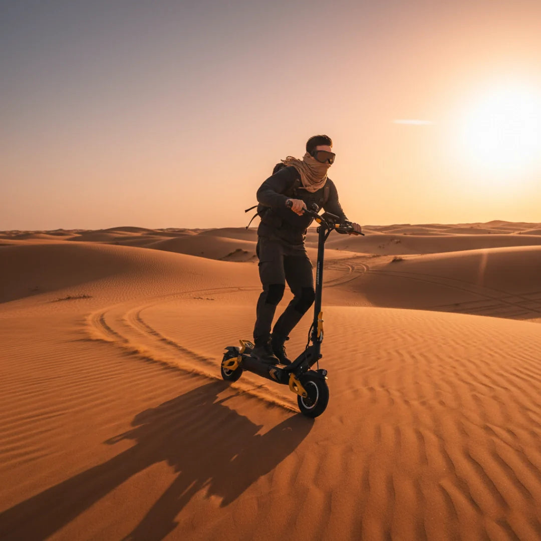 Electric scooter VSETT 10+ Super – person riding in desert landscape