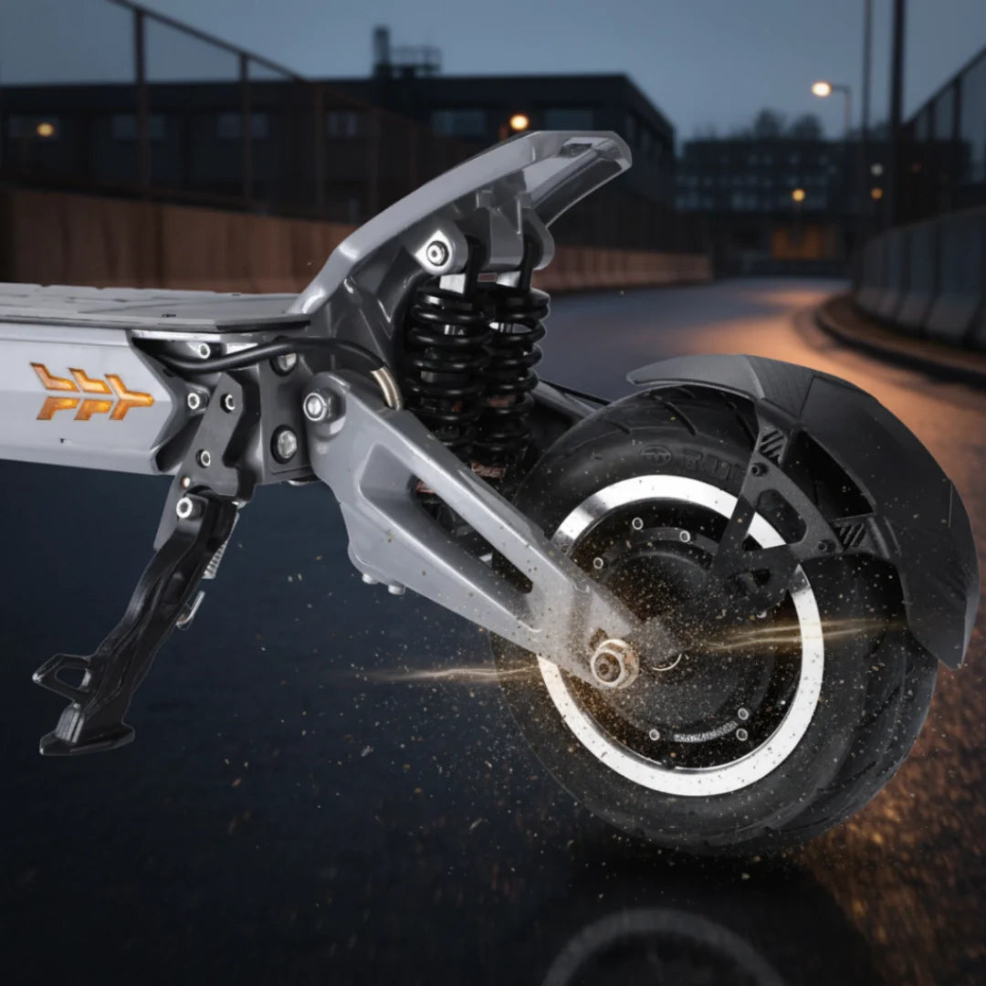 Electric scooter VSETT 11+ – rear wheel and suspension, urban setting