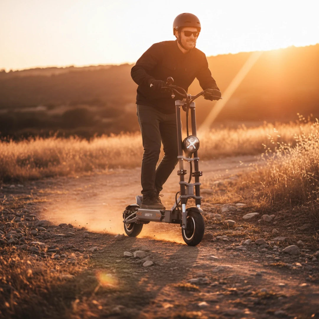 Electric scooter VSETT 11+ – man riding scooter on dirt path