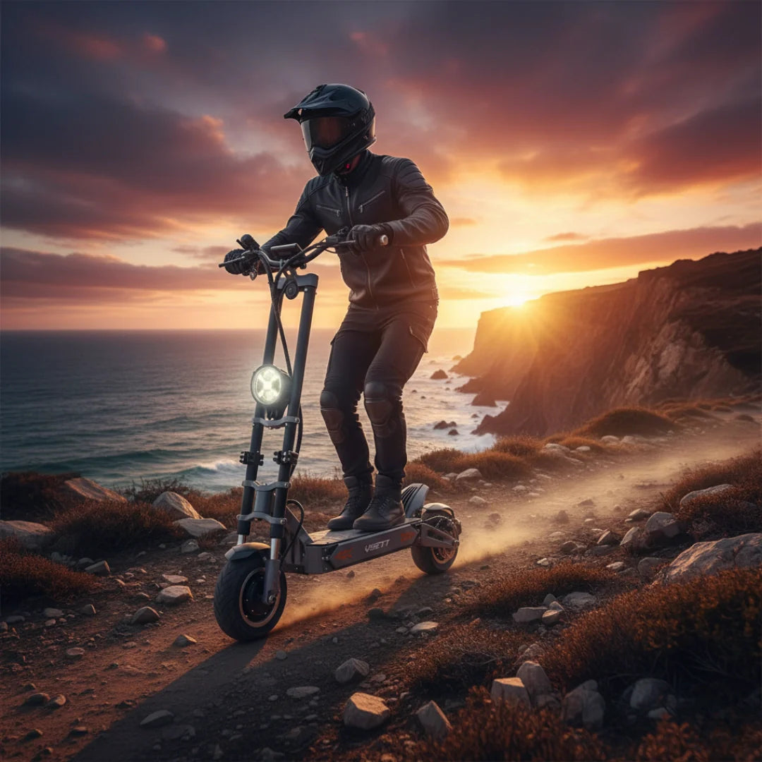 Electric scooter VSETT 11+ – person riding scooter on coastal path