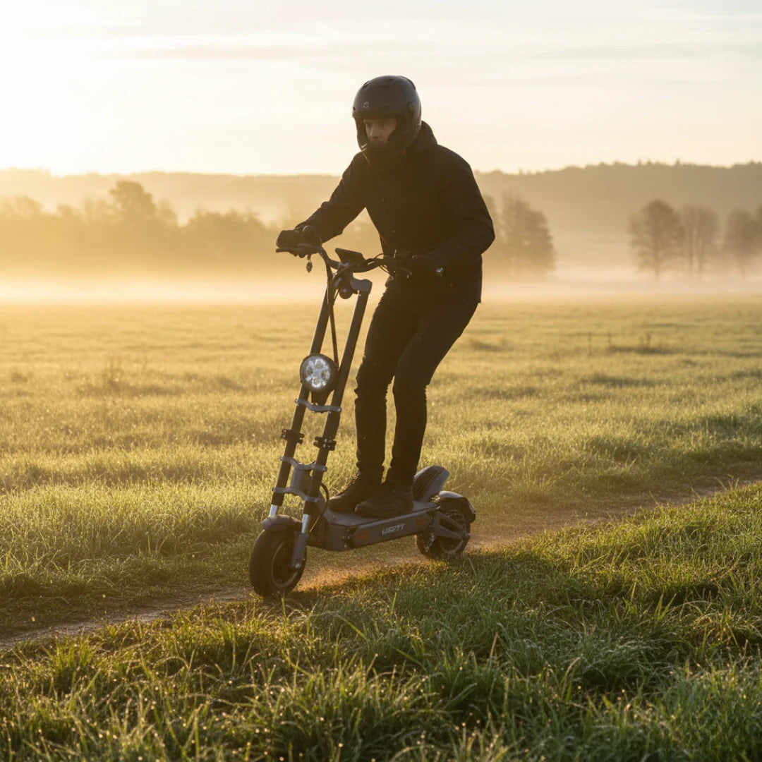 Electric scooter VSETT 11+ – person riding scooter in misty field
