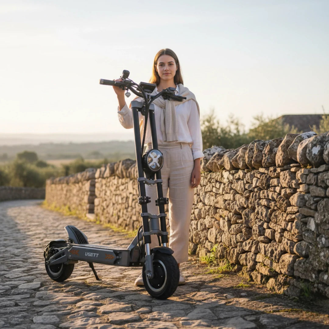 Electric scooter VSETT 11+ – woman standing with scooter outdoors