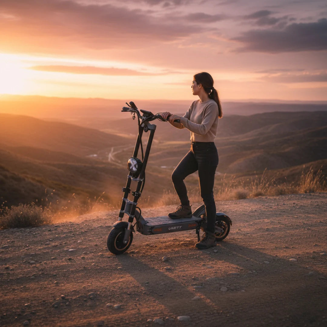Electric scooter VSETT 11+ – woman standing with scooter at sunset
