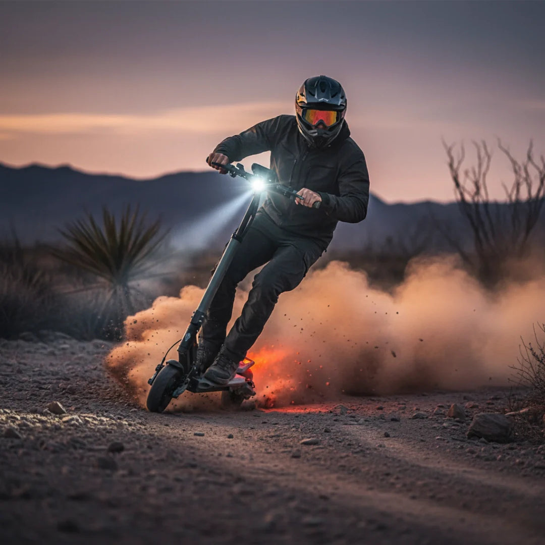 Electric scooter VSETT 8+ – rider on dirt path at sunset