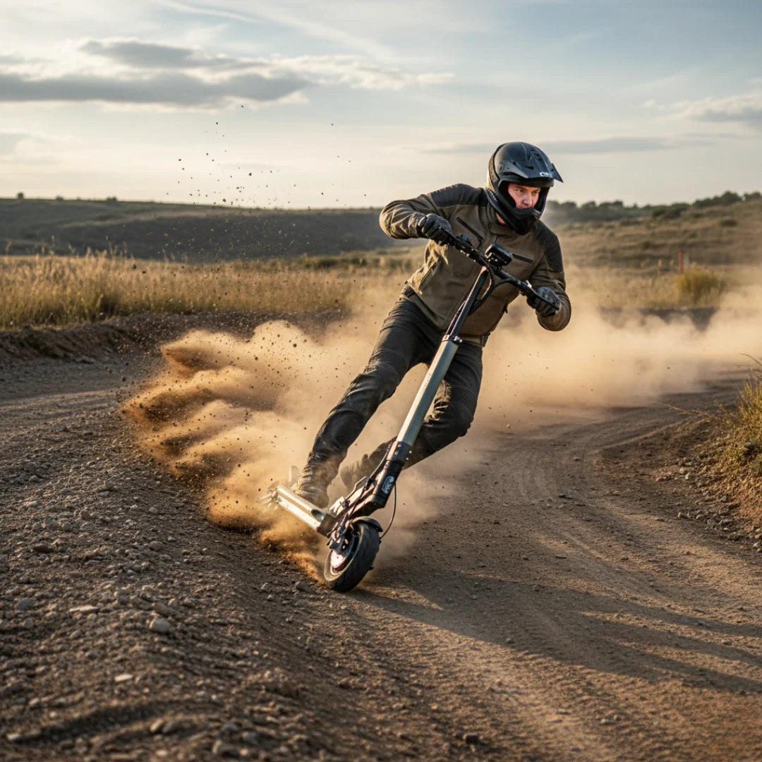 Electric scooter VSETT 8+ – rider on dirt path, kicking up dust