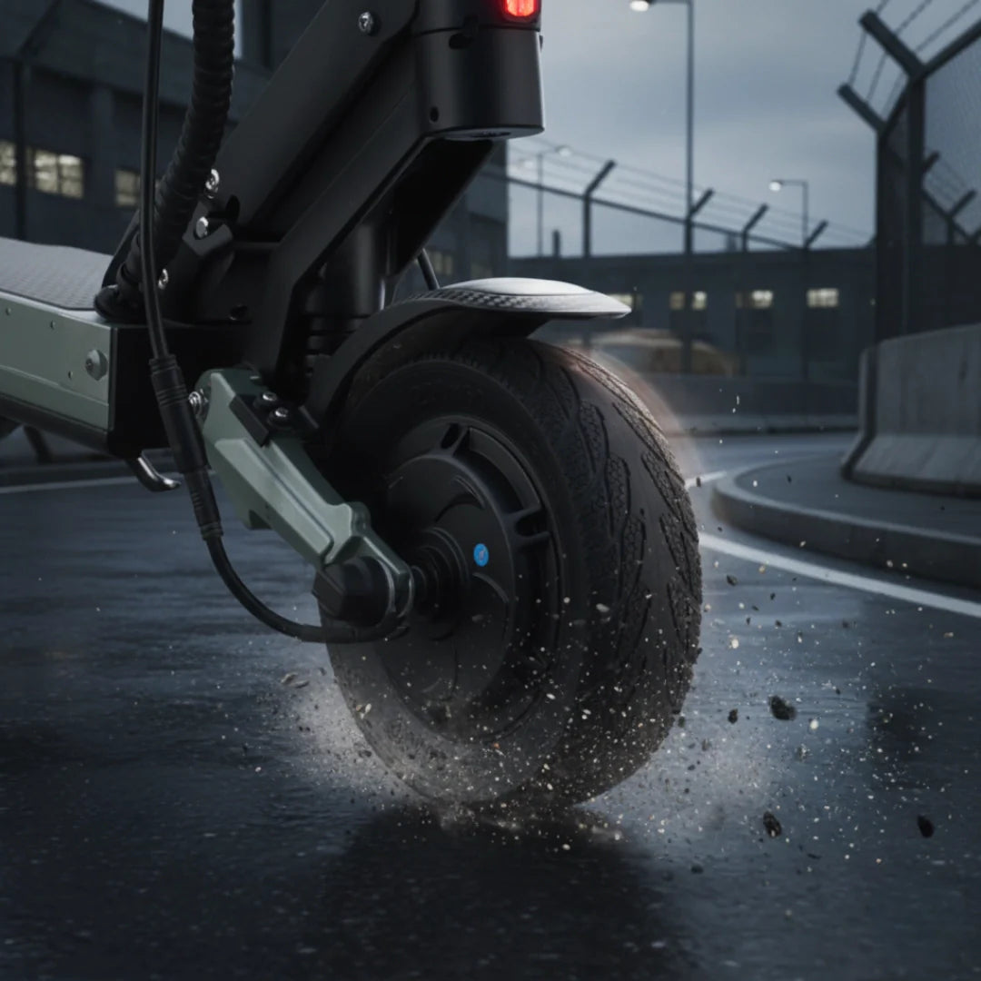 Electric scooter VSETT 8+ – rear wheel splashing water on wet road