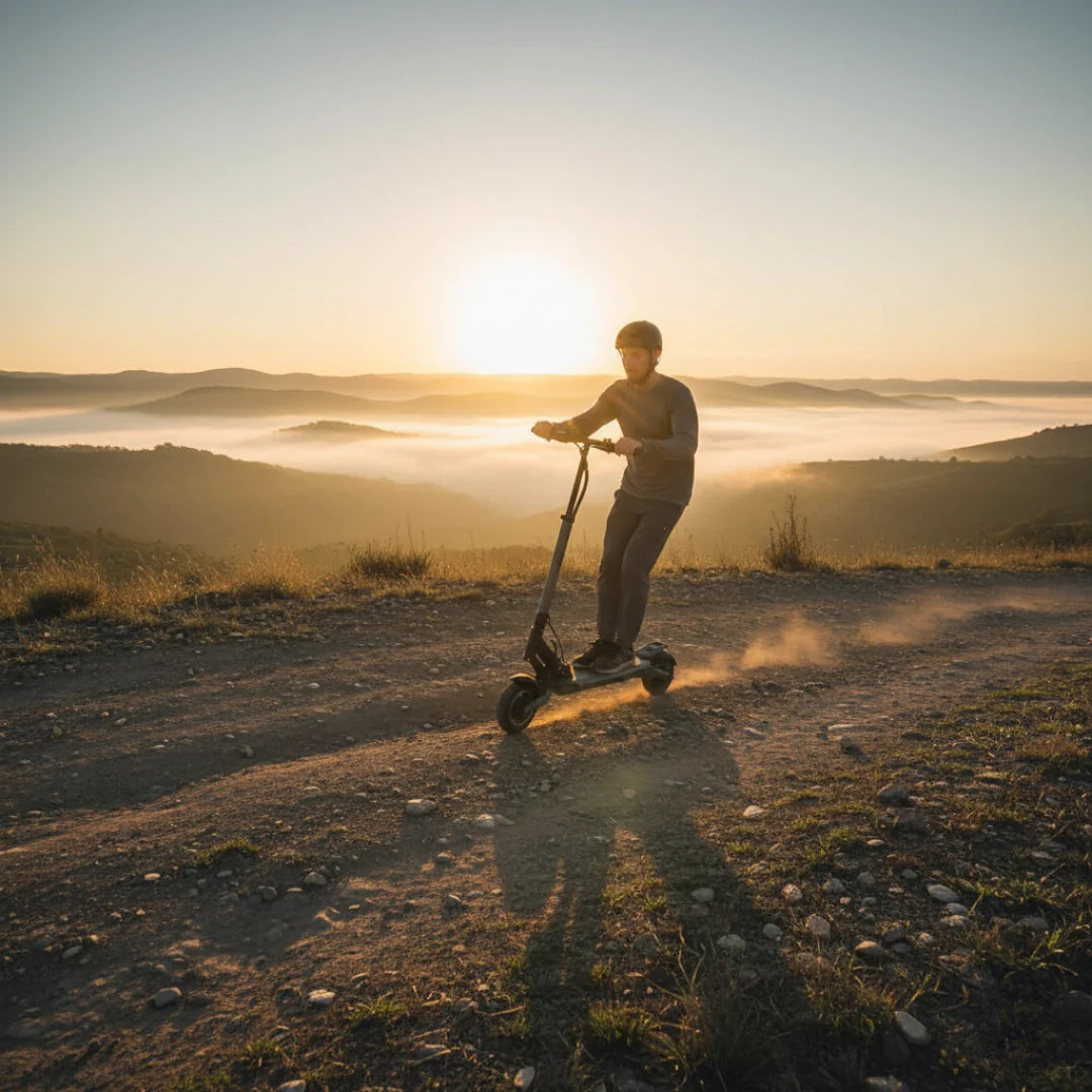 Electric scooter VSETT 8 – person riding on dirt path at sunset