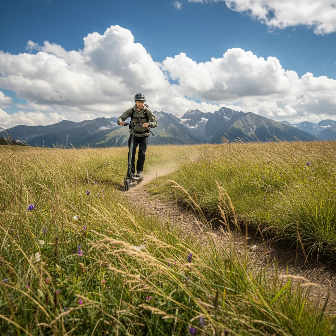 Electric scooter VSETT 8 – person riding on grassy path in mountains