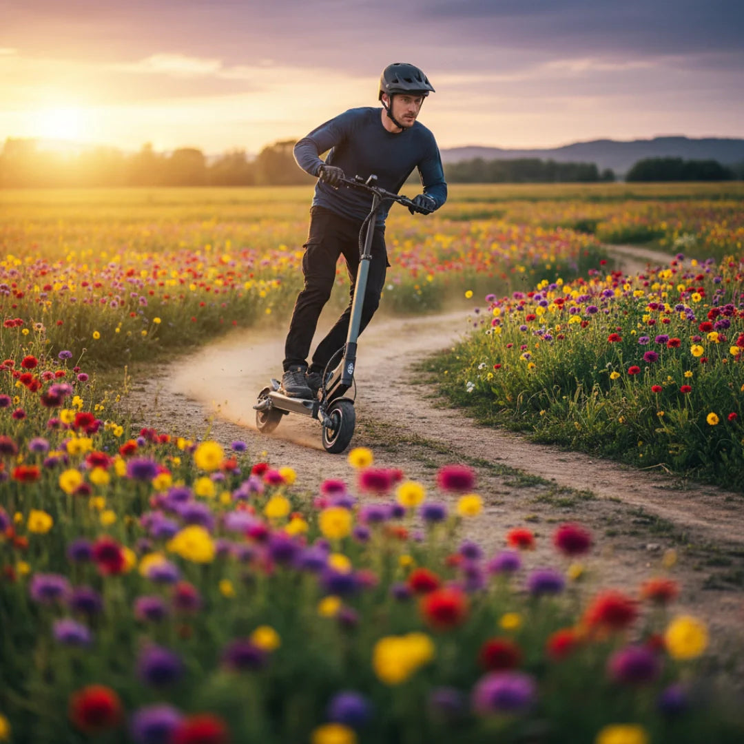 Electric scooter VSETT 8 – rider on dirt path at sunset