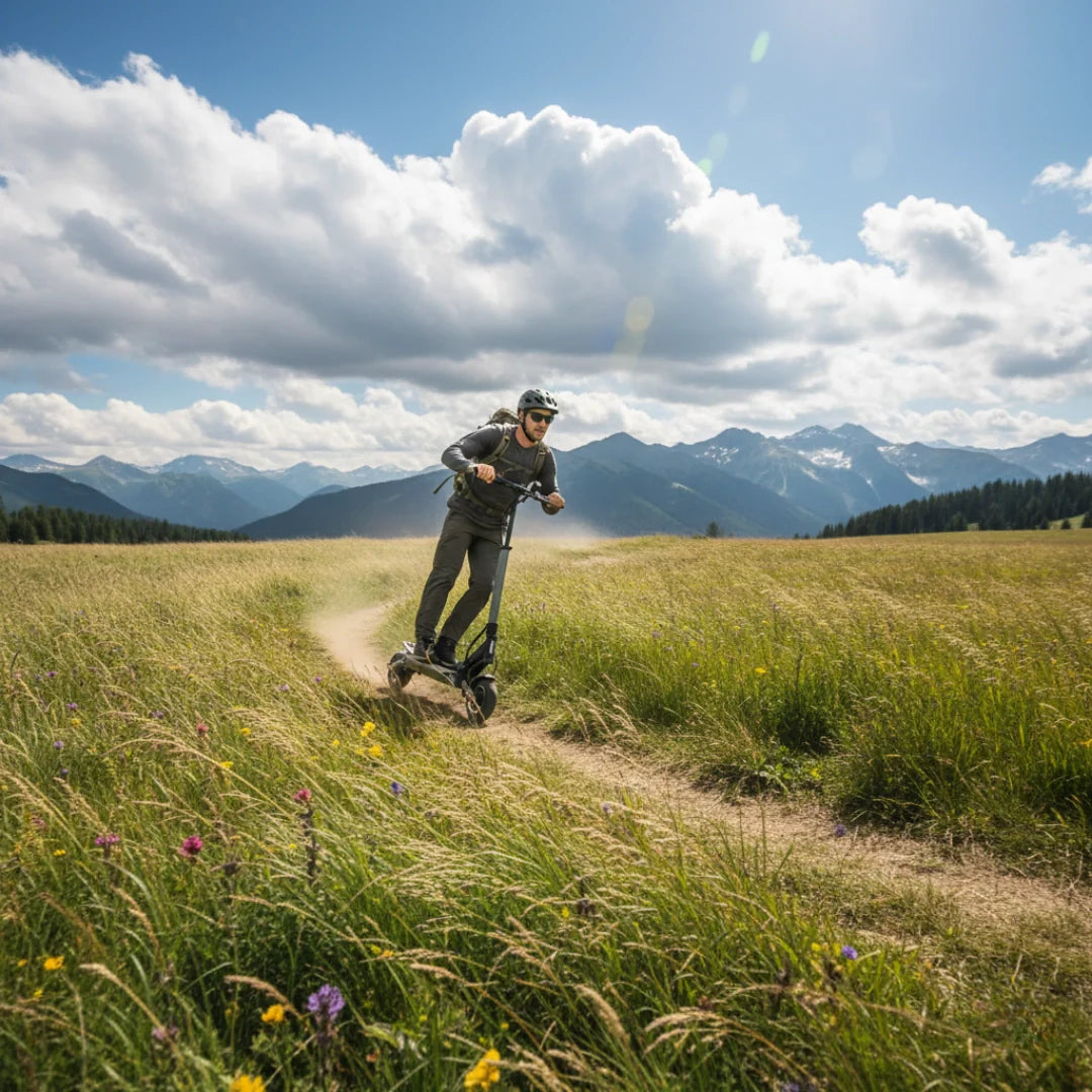 Electric scooter VSETT 8 – rider on dirt path in mountains
