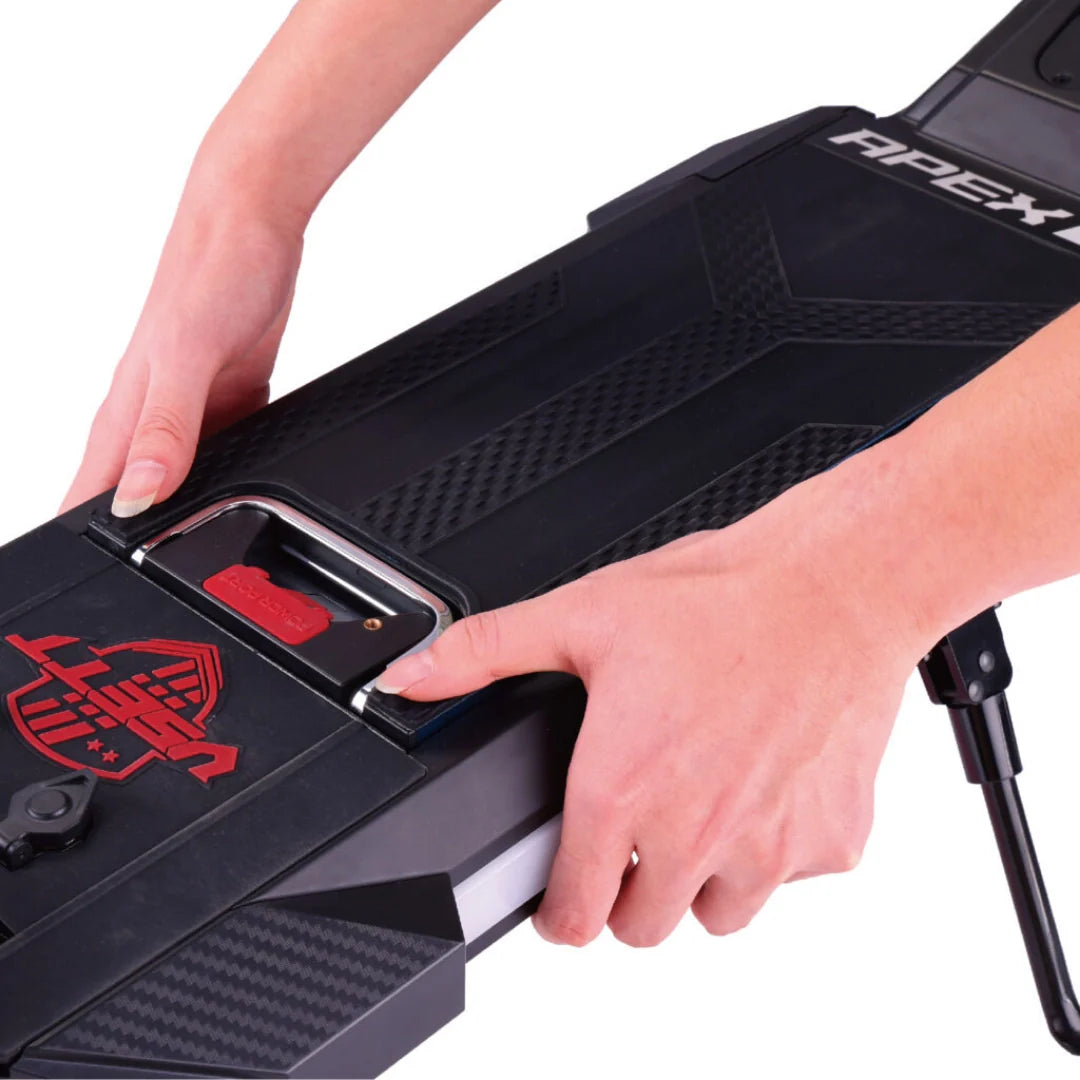 Electric scooter VSETT 9 APEX – hands closing deck storage compartment