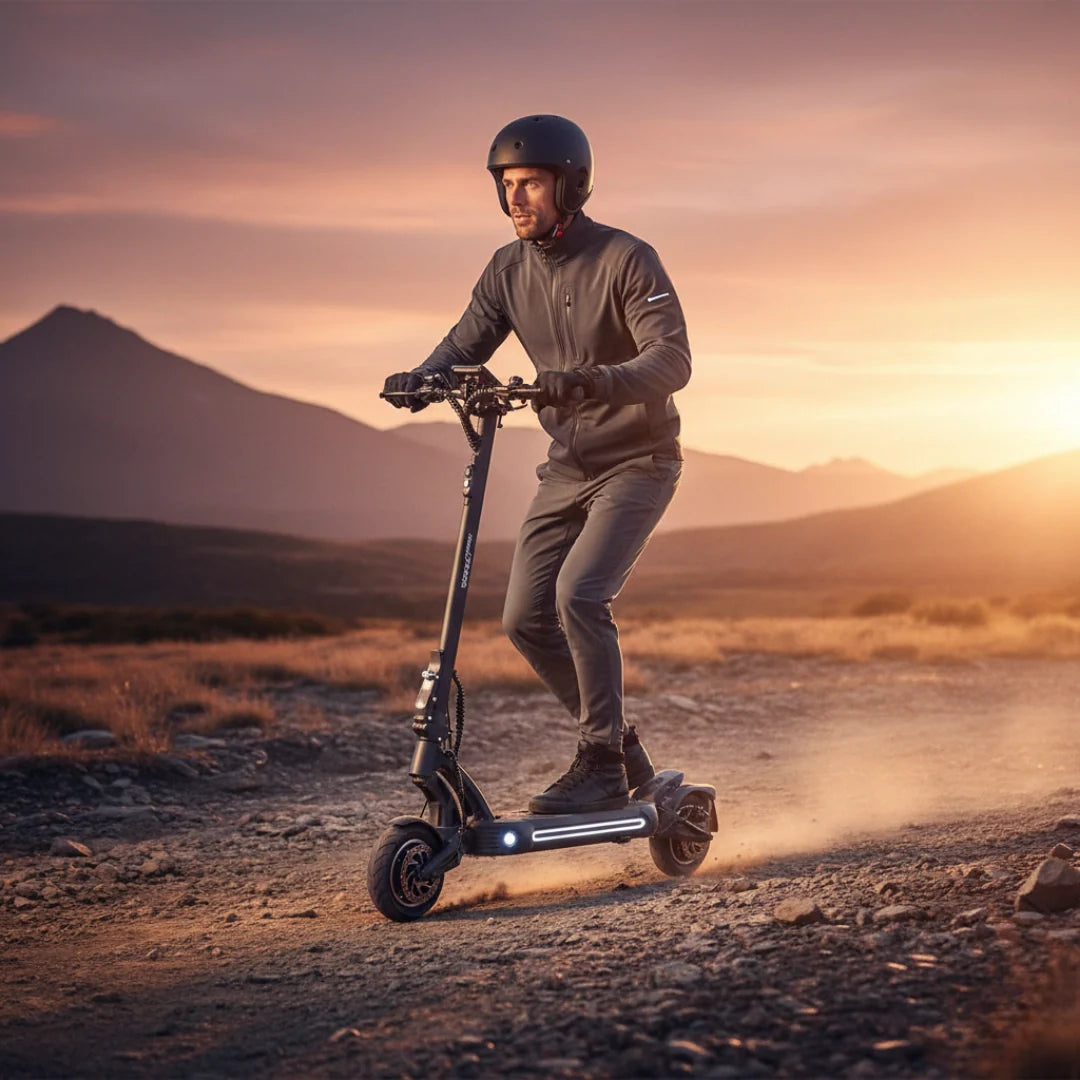 Electric scooter VSETT 9 APEX – man riding on dirt road at sunset
