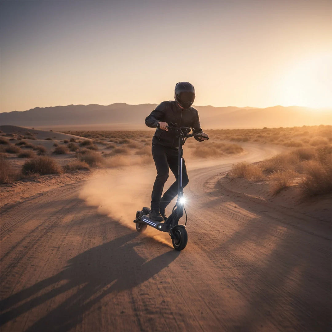 Electric scooter VSETT 9 APEX – man riding on desert road at sunset