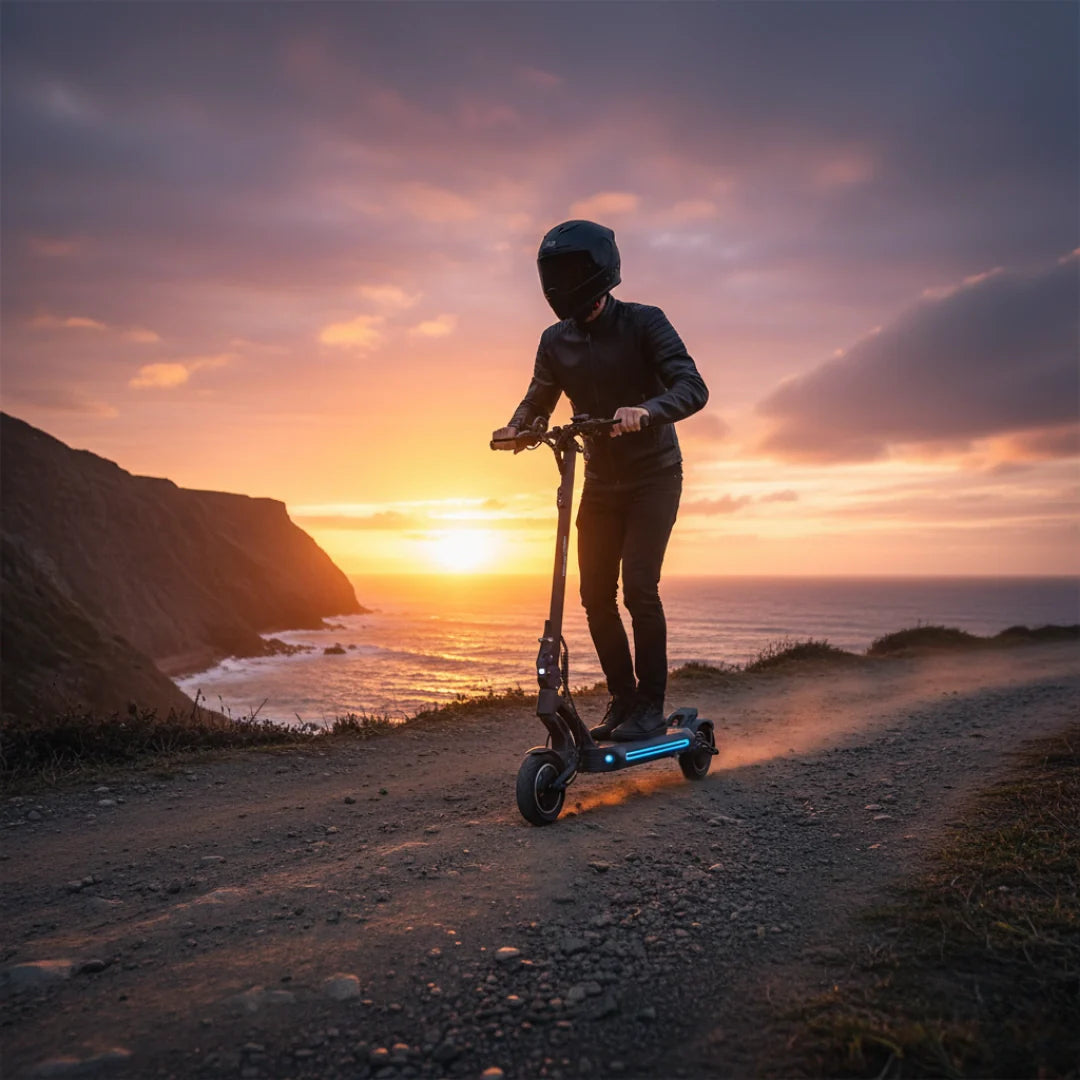 Electric scooter VSETT 9 APEX – man riding on coastal path at sunset