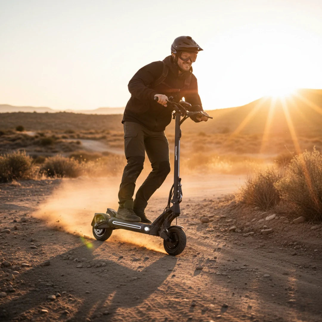 Electric scooter VSETT 9 APEX – man riding on dirt road at sunset