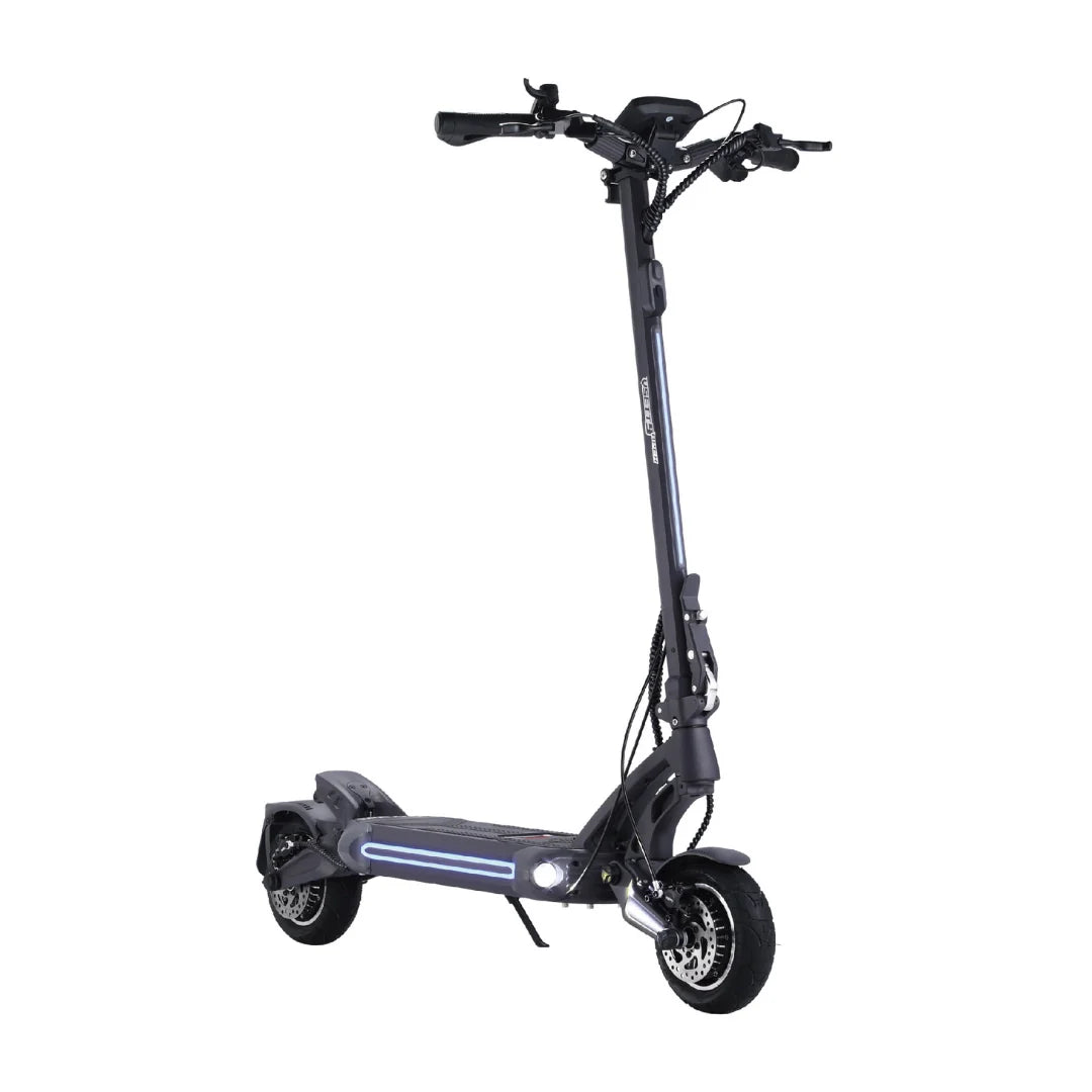 Electric scooter VSETT 9 APEX – front three-quarter view, lights on