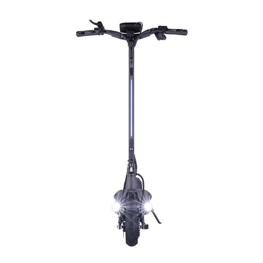 Electric scooter VSETT 9 APEX – front view, headlights on