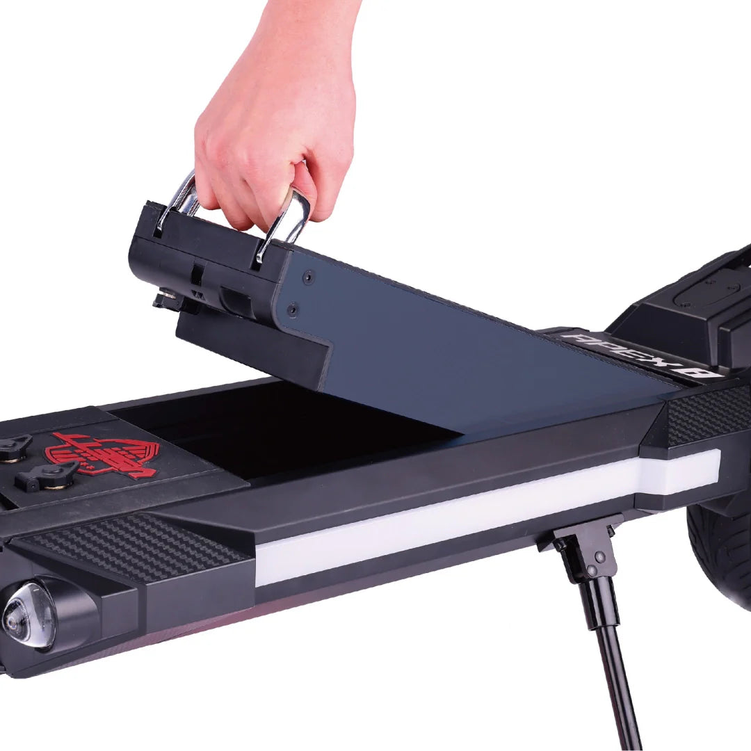 Electric scooter VSETT 8 APEX – hand holding open deck storage compartment