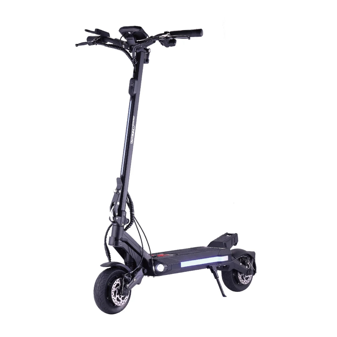 Electric scooter VSETT 8 APEX – front three-quarter view, kickstand down