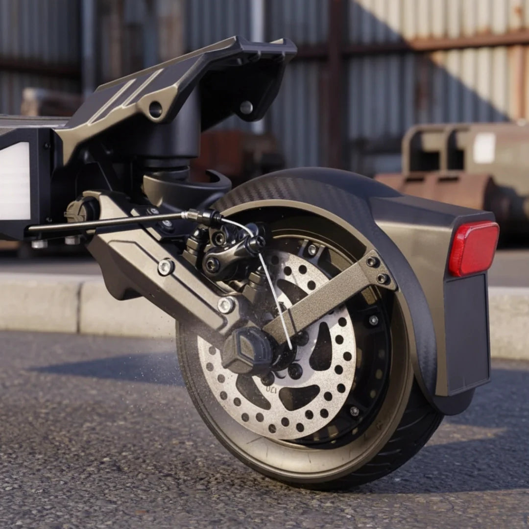 Electric scooter VSETT 8 APEX – rear wheel and disc brake close-up